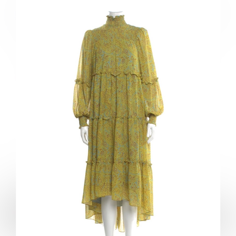 cinq a sept Yellow Paisley High-Low Tiered Midi Dress